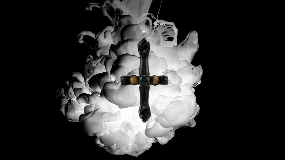 Secondary master image of the Milius piece “Intersection,” created for the exclusive Luisa Via Roma Concentration chapter, depicting a cross-like sculptural form embedded within dense, cloud-like vapor against a black background, emphasizing convergence, tension, and structural meeting points.