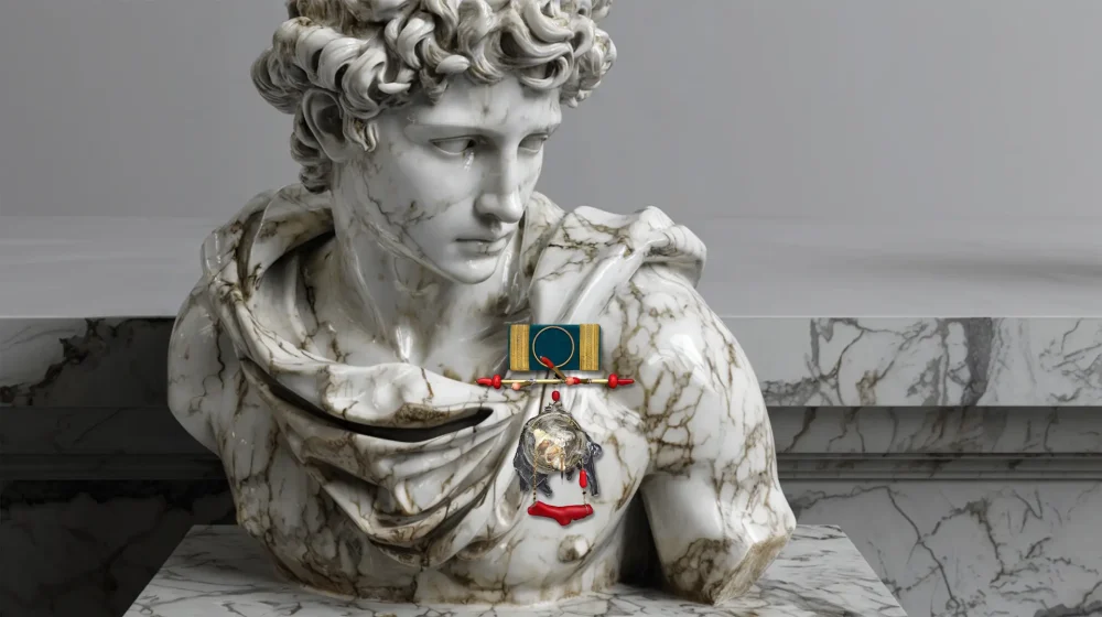 Uncropped master image of Time Collection Series I showing a classical marble sculpture wearing a handmade pin-object that introduces time as suspension and awareness.