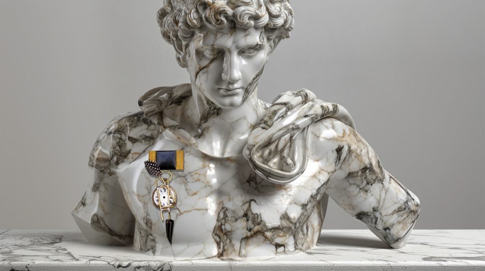 Handmade pin from Time Collection Series I photographed as a single object worn on roman statue
