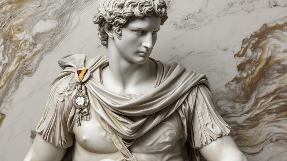 Handmade pin from Time Collection Series I with clock elements on roman male bust