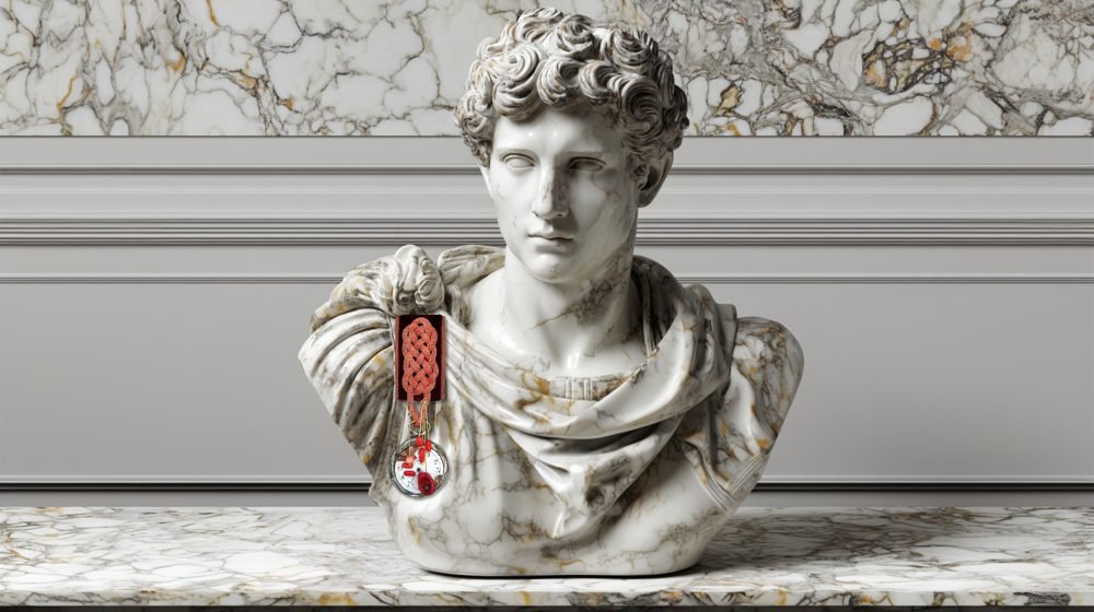 Handmade pin from Time Collection Series I photographed as adoration on marble body