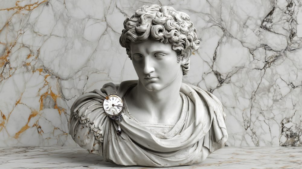 Single handmade pin from Time Collection Series II incorporating clock elements on greco roman sculpture