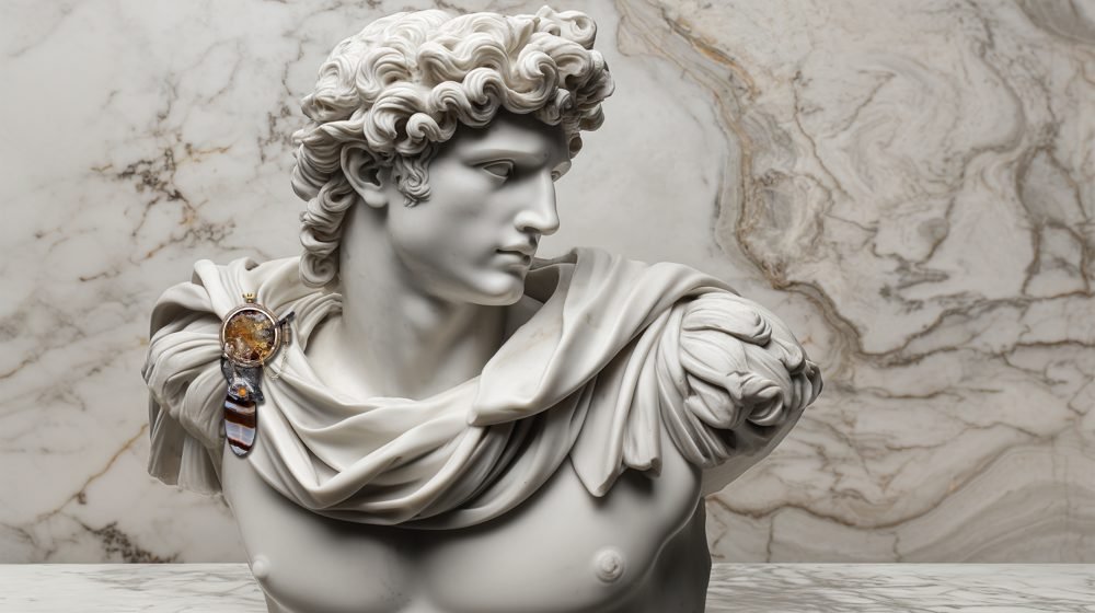 Handmade pin from Time Collection Series II presented on veined marble male warrior bust
