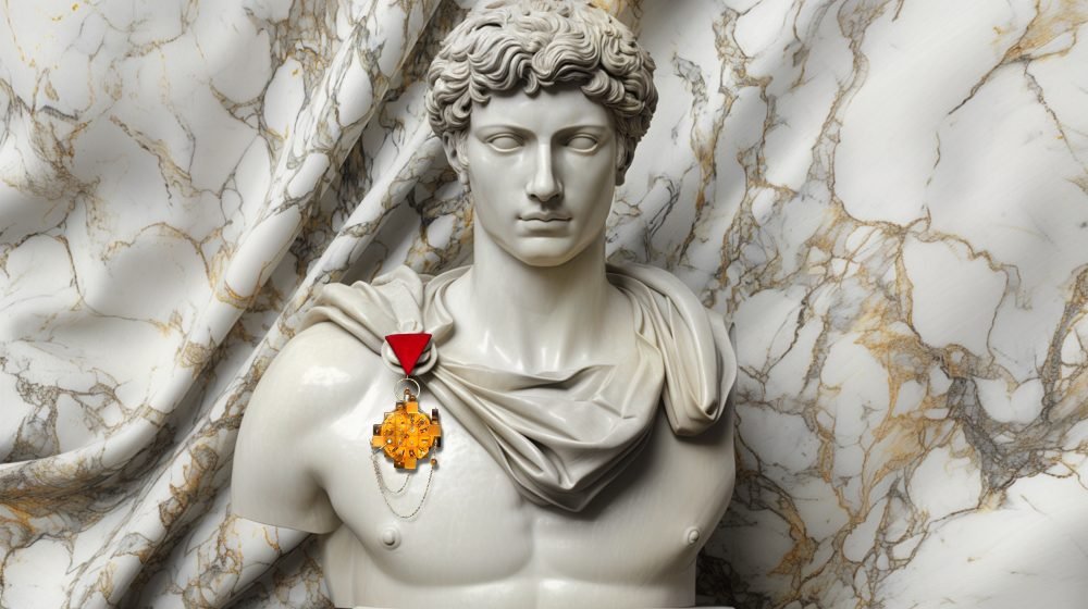 Time Collection Series III jewelry piece 1 displayed on marble sculpture, wearable time artifact in dialogue with classical form
