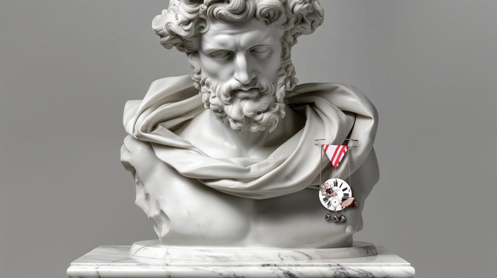 Uncropped master image of Time Collection Series IV showing a marble sculpture wearing a structured pin-object that reflects time as order, regulation, and measure.