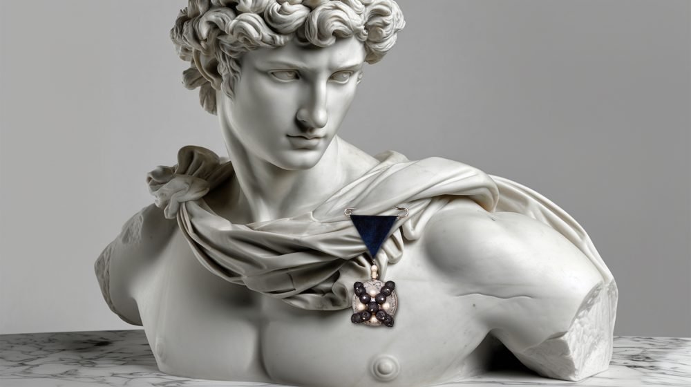 Time Collection Series IV jewelry piece 2 worn on marble sculpture, contemporary time-based wearable art