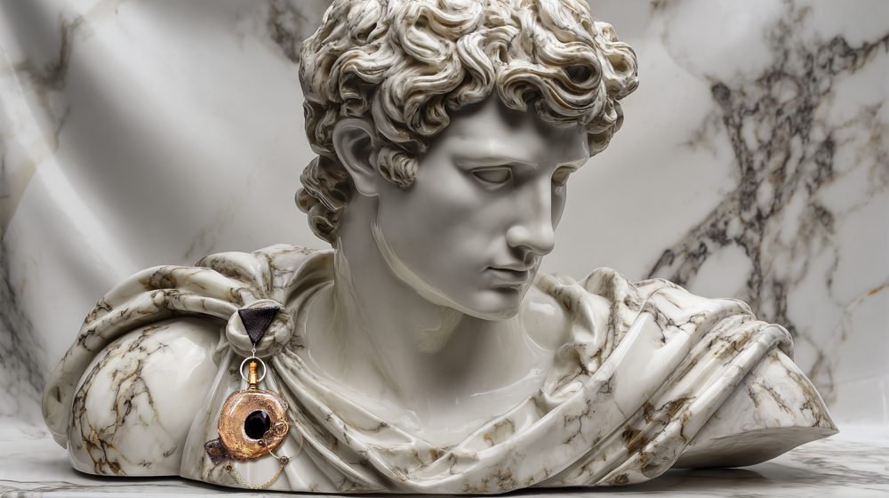 Time Collection Series IV jewelry piece 5 displayed on marble sculpture, wearable time artefact