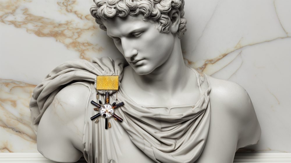Uncropped master image of Time Collection Series V showing a marble sculpture wearing a refined pin-object that presents time as finite value and conscious choice.
