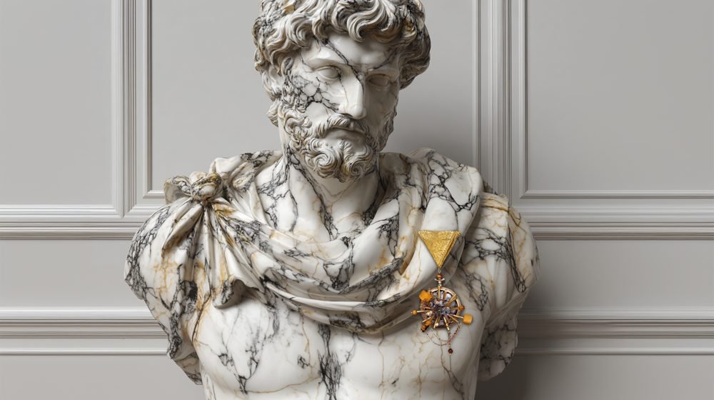 Time Collection Series V jewelry piece 3 positioned on marble sculpture, contemporary time artefact
