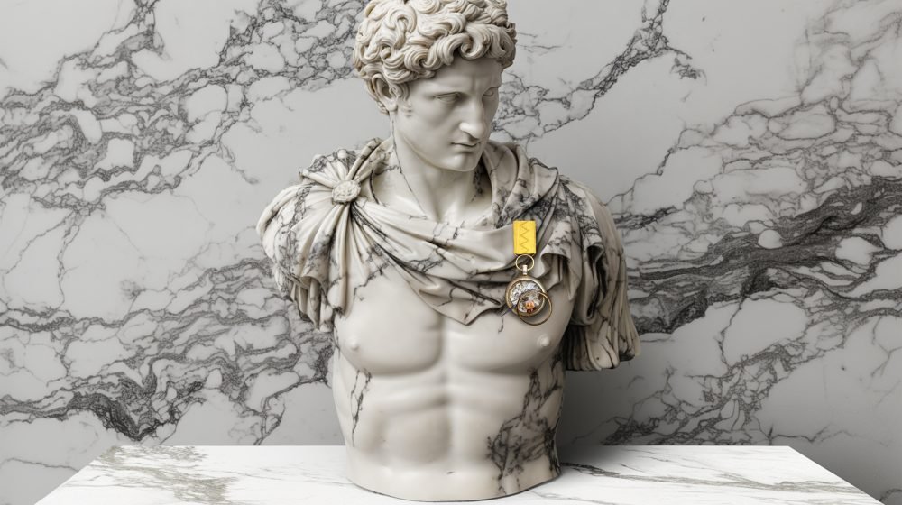 Time Collection Series V jewelry piece 4 displayed on marble bust, dialogue between time and permanence