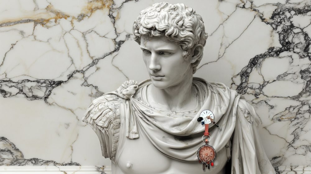Time Collection Series V jewelry piece 7 worn on marble sculpture, dialogue between linear time and classical form, handmade pin in Italy