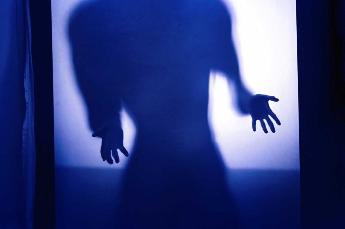 Portrait photograph depicting a blurred human silhouette in blue light, with hands emerging from shadow, exploring identity, embodiment, and the unseen self within Milan Stamenovic’s The Hidden Surface series.